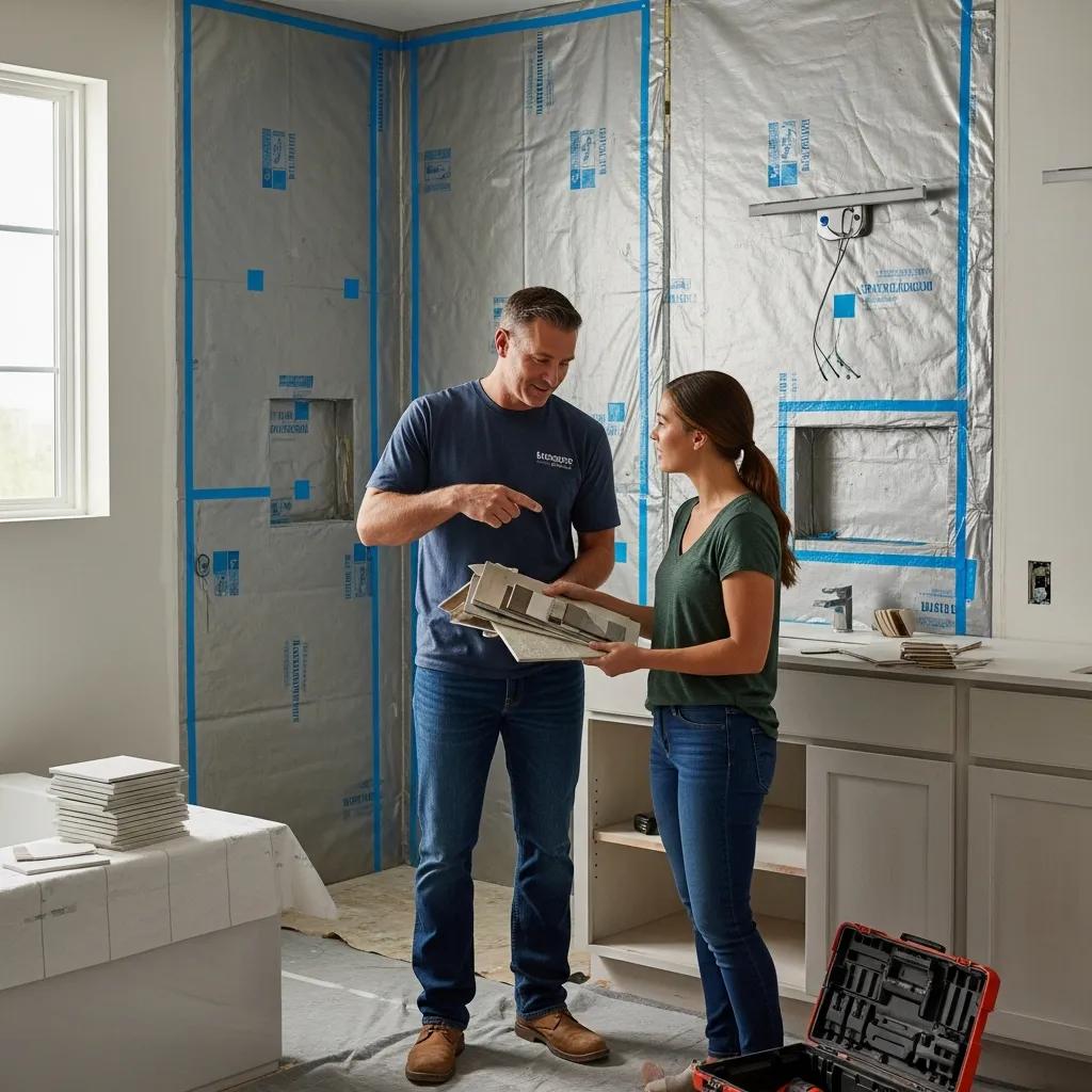 Contractor consulting with homeowner about condo bathroom renovation plans