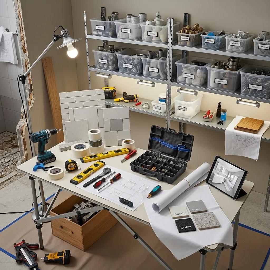 Organized bathroom renovation workspace with tools and design plans