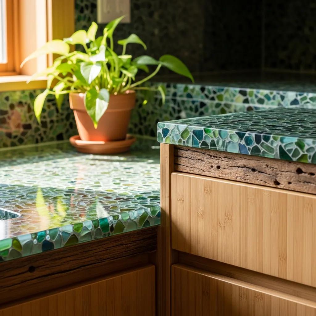 Sustainable kitchen materials including bamboo, recycled glass, and reclaimed wood
