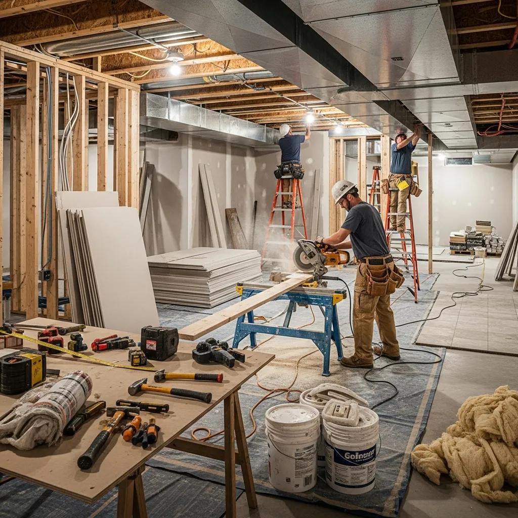 Construction scene of a basement renovation project with tools and materials