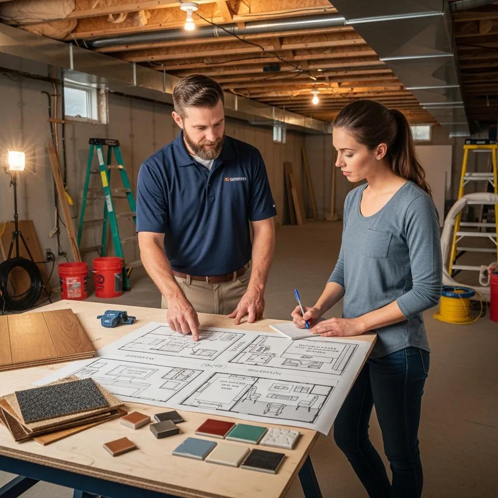 Contractor consulting with homeowner on basement renovation plans