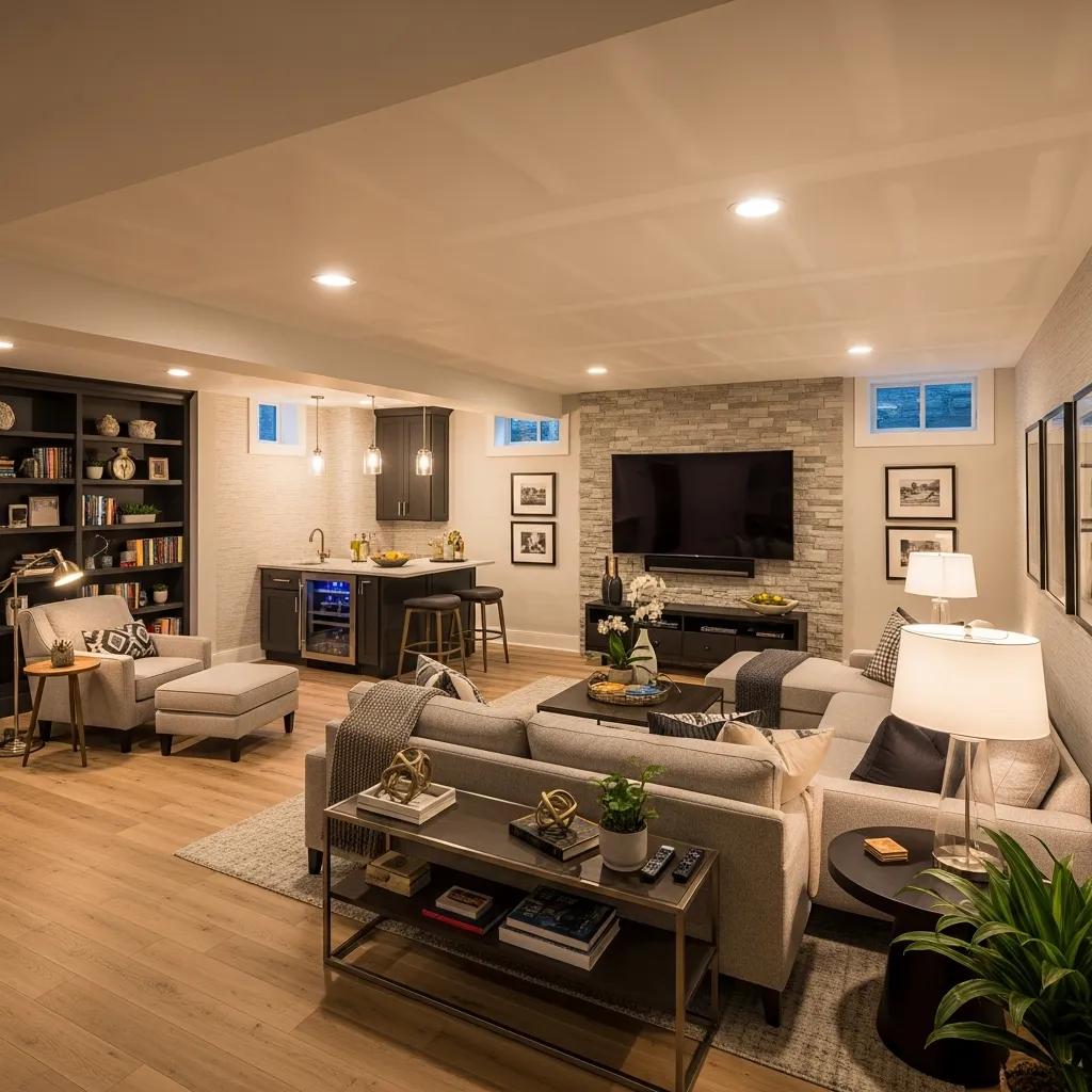 Cozy and modern renovated basement family room showcasing transformation potential