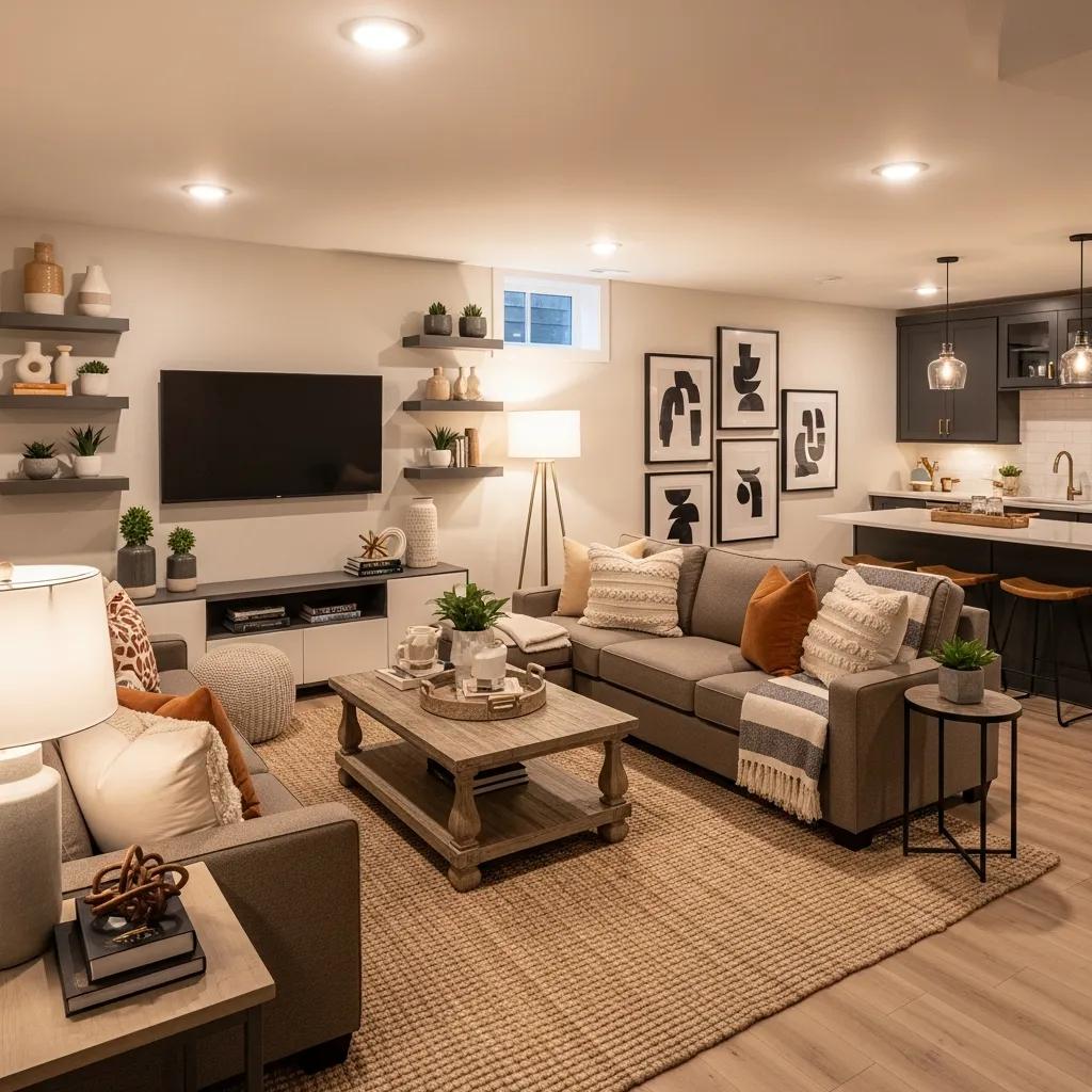Cozy finished basement living space showcasing modern decor and comfort