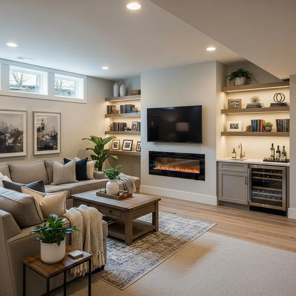Renovated basement family room with stylish furniture and warm lighting