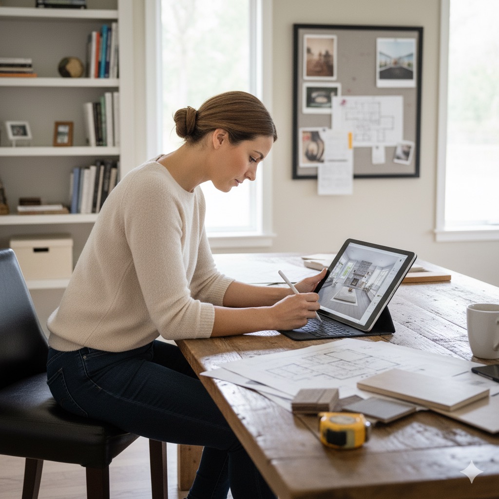 Woman using a tablet to design a kitchen renovation, surrounded by renovation plans and materials in a well-lit home office.