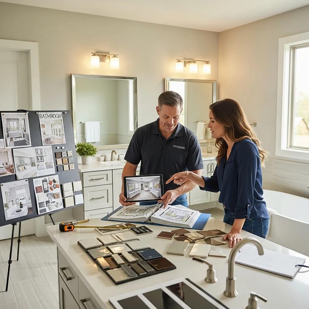 Contractor providing expert advice on bathroom remodeling to a homeowner