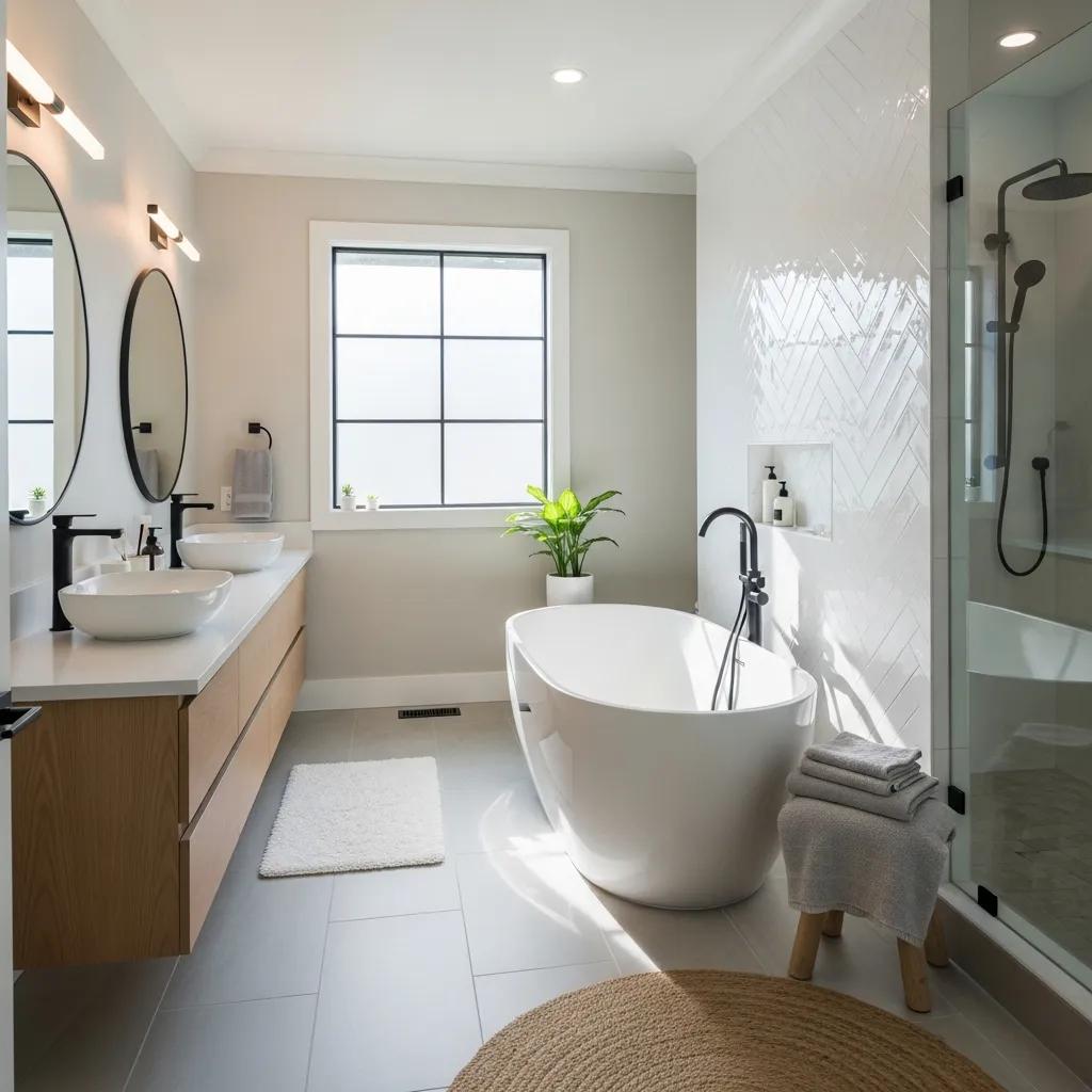 Luxurious modern bathroom remodel with freestanding tub and elegant fixtures
