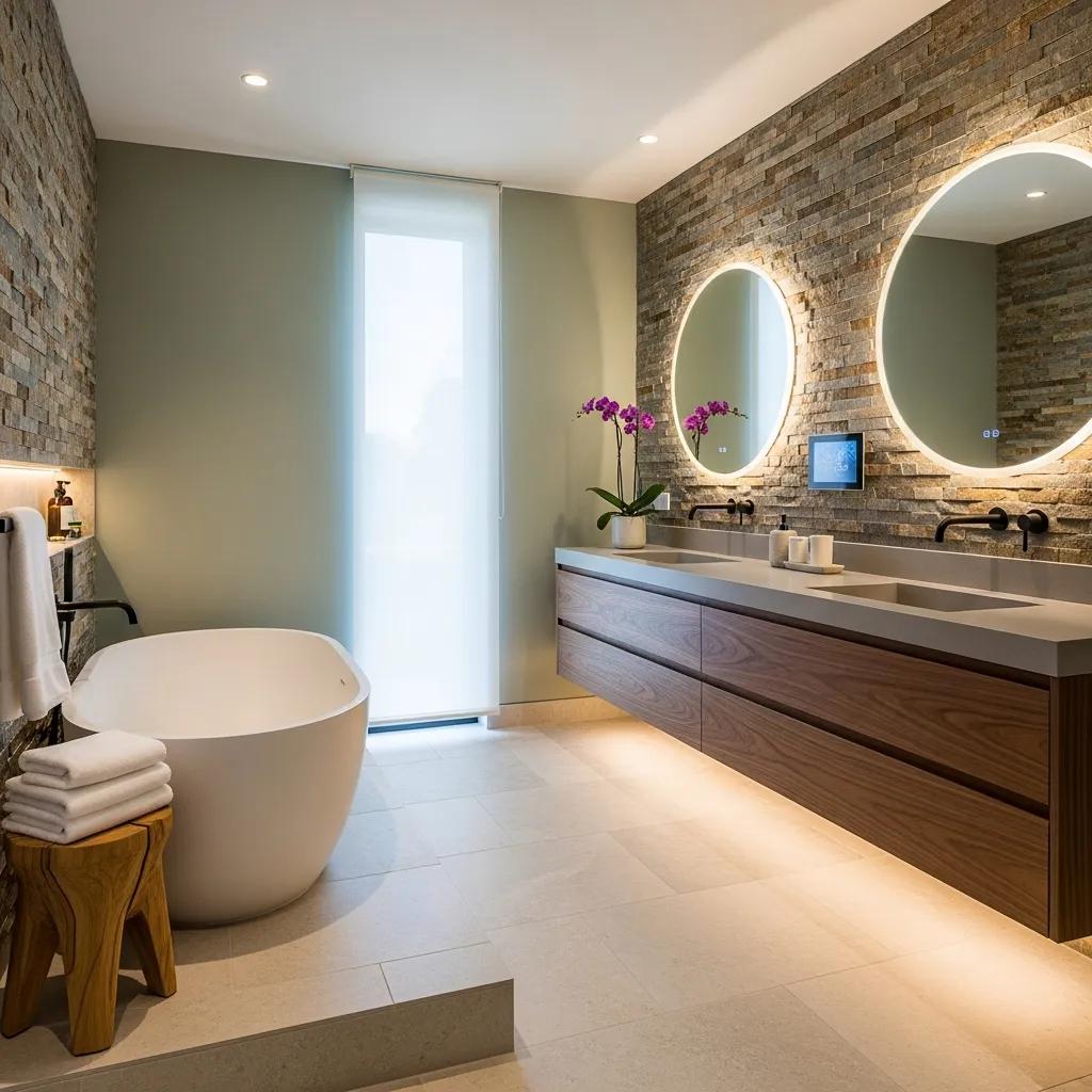 Modern bathroom design with freestanding bathtub and natural materials