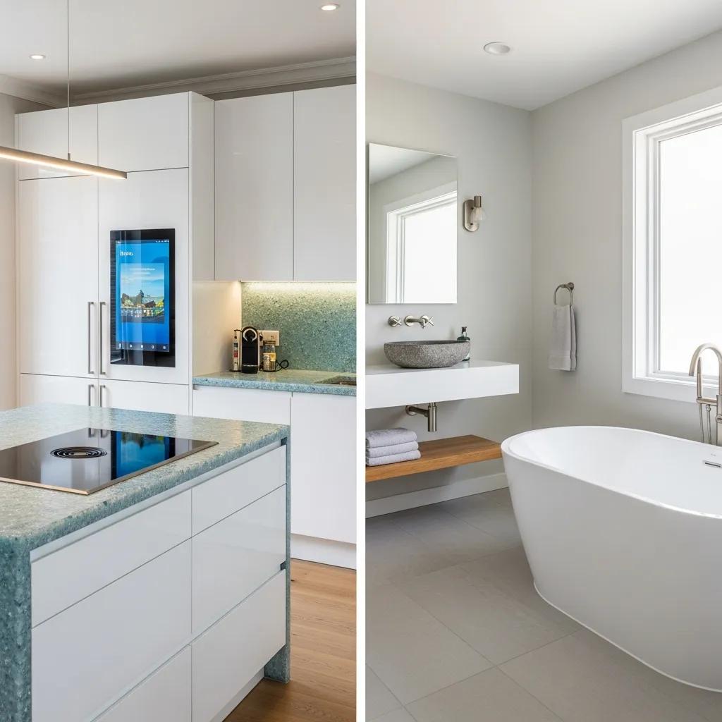 Modern kitchen and bathroom showcasing energy-efficient appliances and sustainable materials