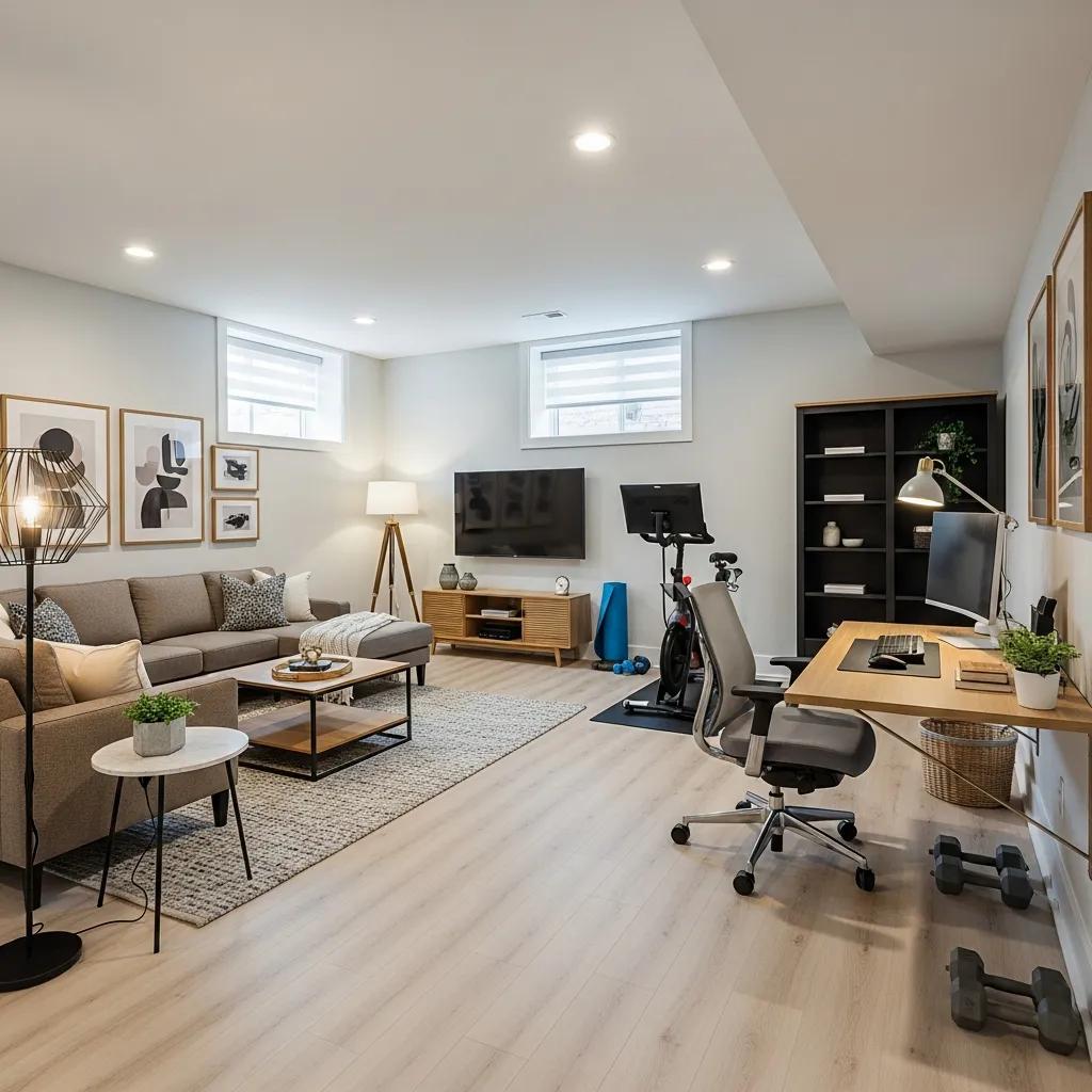 Stylishly remodeled basement with multi-functional spaces and modern finishes